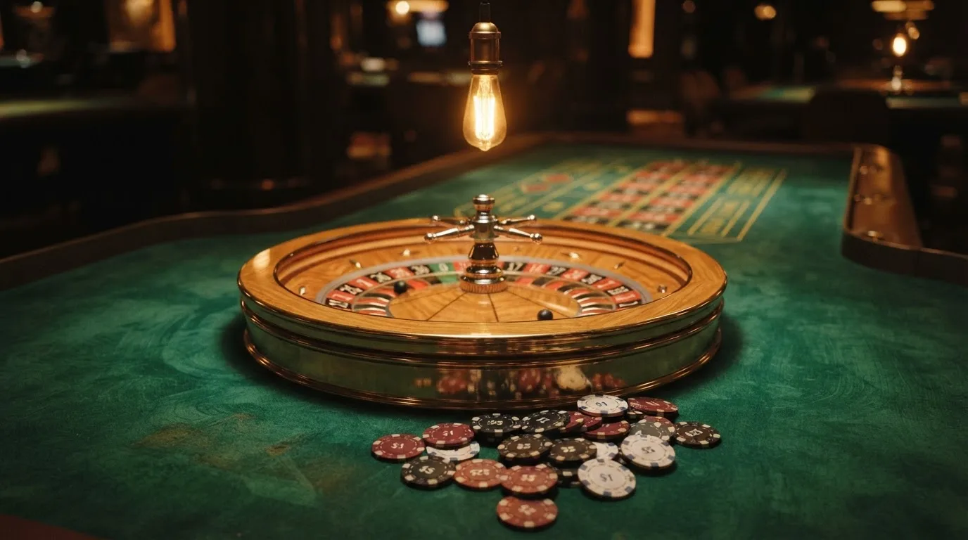 Roda de roleta e fichas sobre feltro verde, sob uma luz quente de fim de tarde — online casino bónus para os portugueses