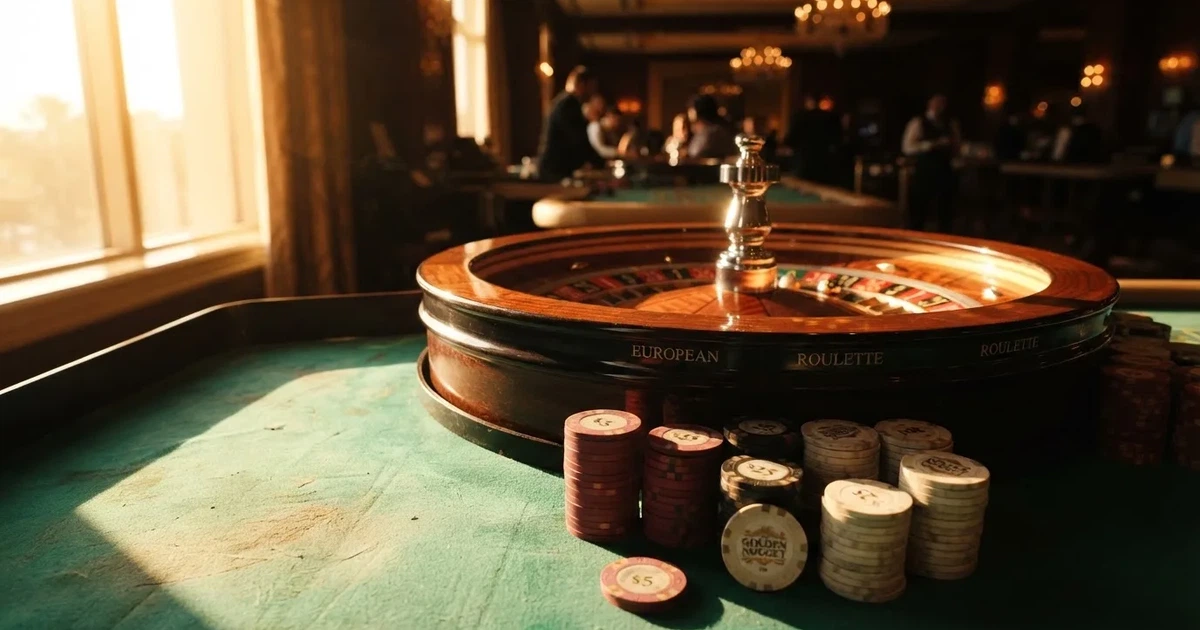 Roda de roleta e fichas sobre feltro verde, sob uma luz quente de fim de tarde — online casinos em portugal