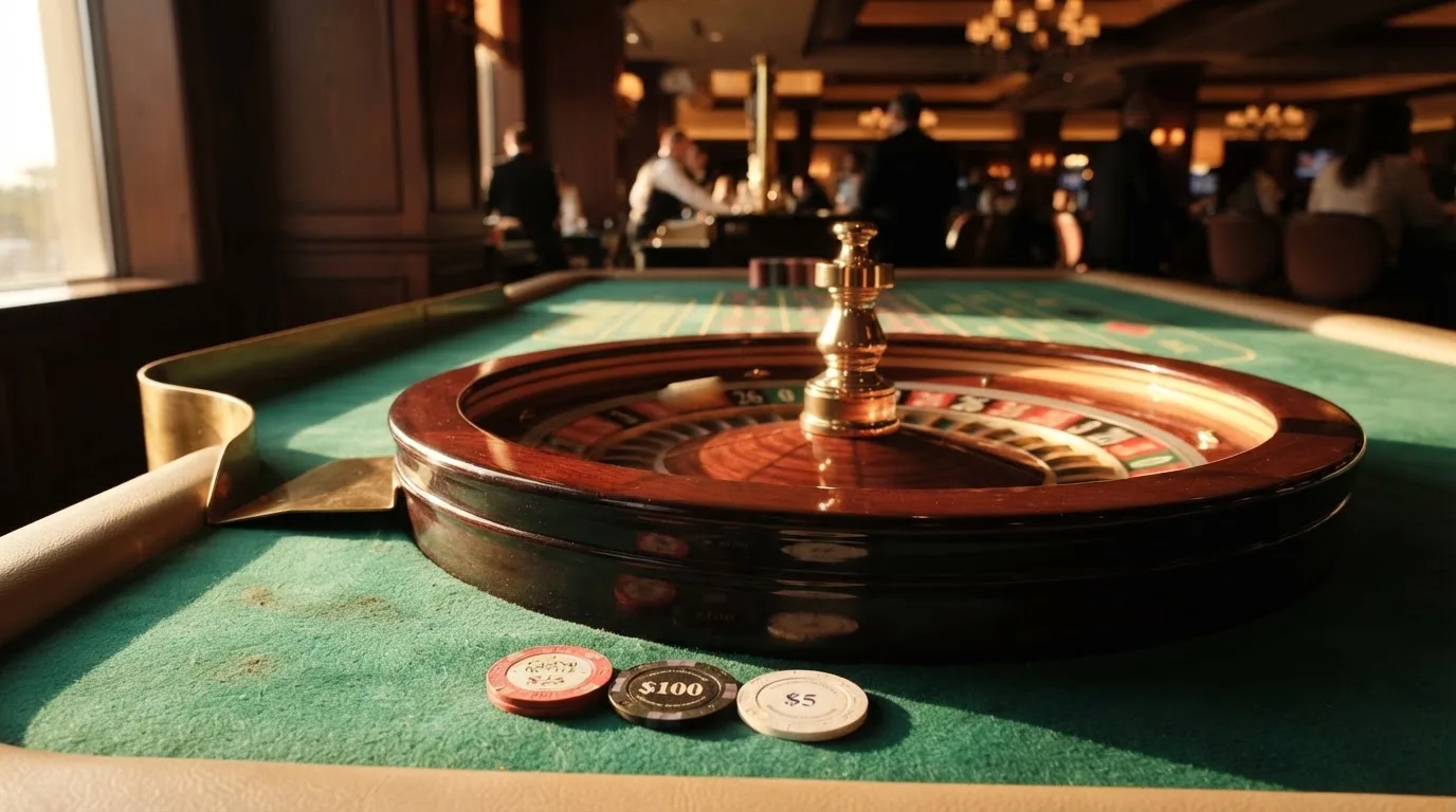 Roda de roleta e fichas sobre feltro verde, sob uma luz quente de fim de tarde — páginas de casino em portugal