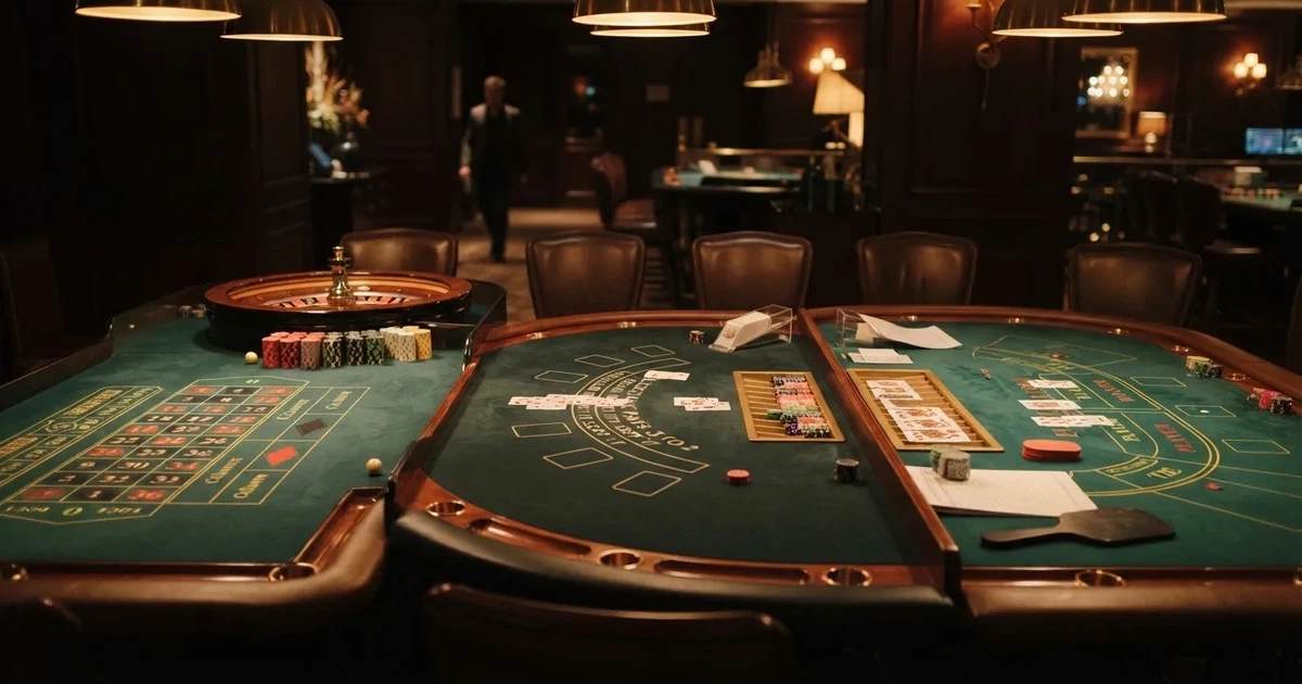 Três mesas de jogo diferentes lado a lado numa sala calma e calorosamente iluminada — páginas de casino em portugal