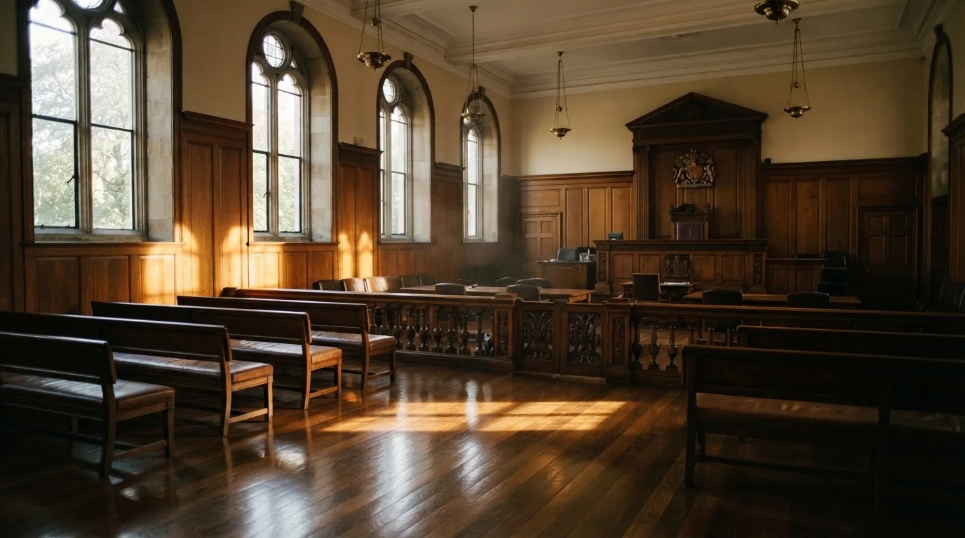 Sala de tribunal vazia com painéis de madeira, à luz da manhã — probabilidades de roleta pt