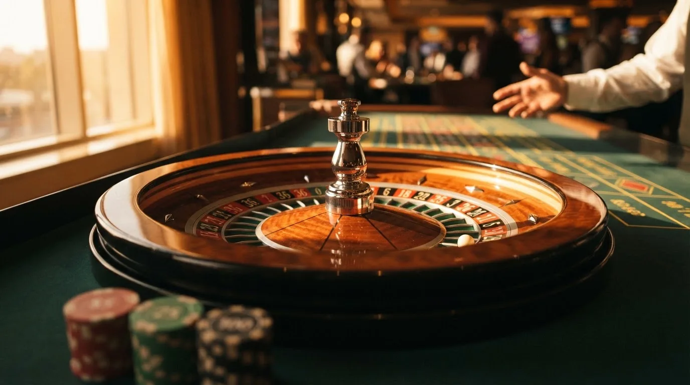 Roda de roleta e fichas sobre feltro verde, sob uma luz quente de fim de tarde — promoções de casino em portugal