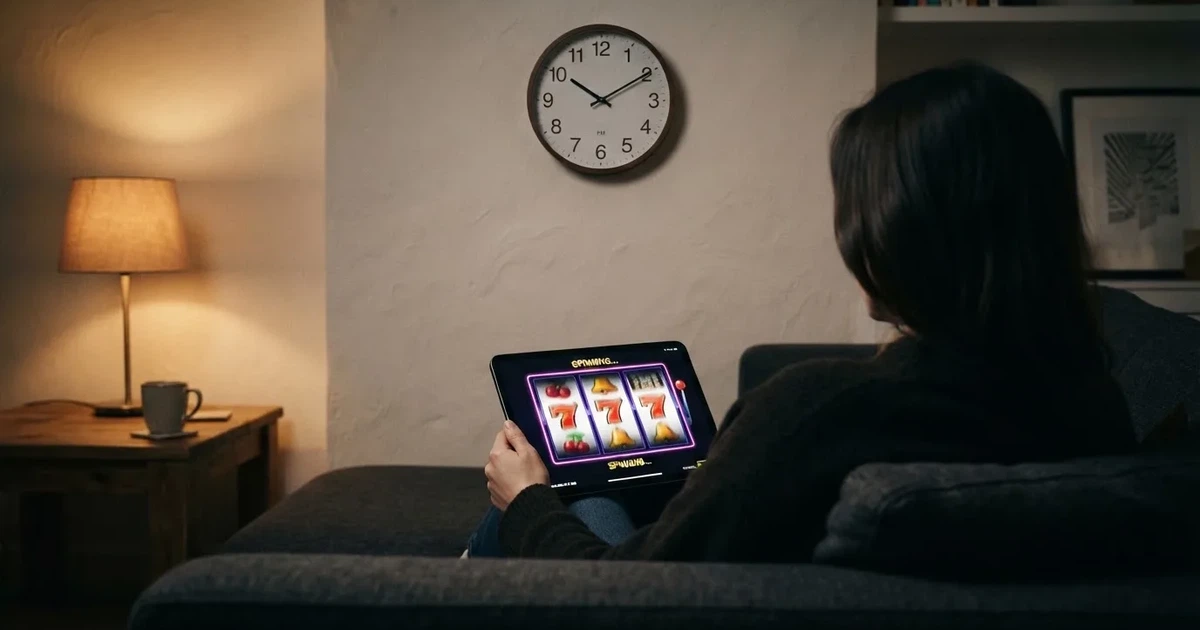 Pessoa num sofá a olhar pensativa para um tablet, com um relógio na parede atrás — promoções de casino em portugal