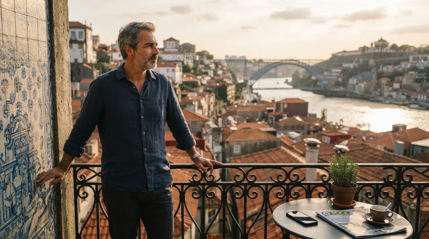 Homem a fazer uma pausa numa varanda com vista para telhados do Porto, de olhos no horizonte e telemóvel pousado na mesa.