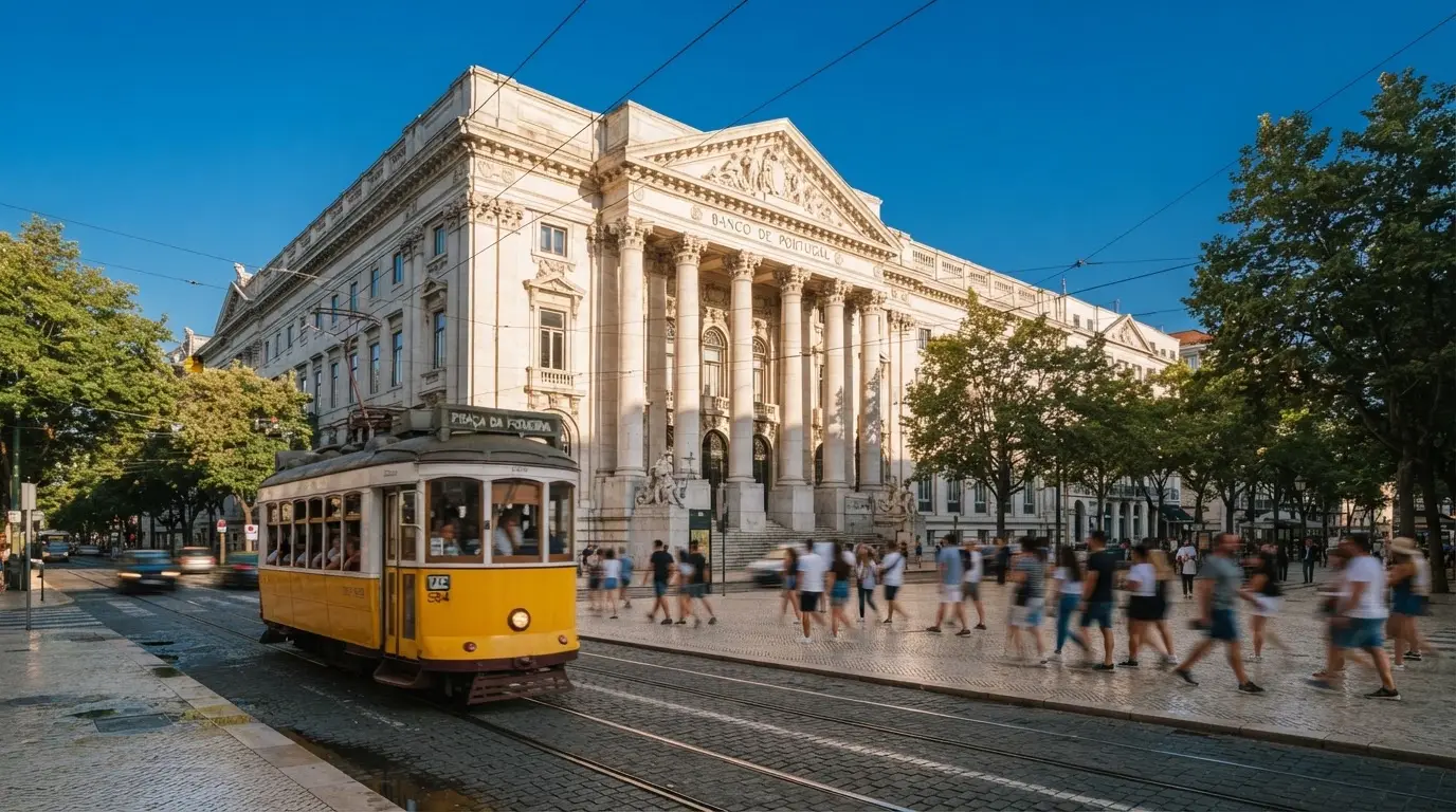 Edifício institucional de pedra com colunas junto a uma avenida lisboeta, céu limpo, elétrico amarelo ao longe, fotografia de rua.