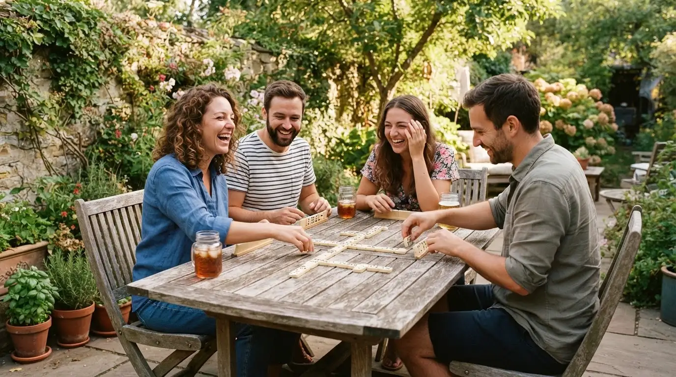 Grupo de amigos a jogar dominó por diversão numa mesa de jardim, sem dinheiro à vista, numa tarde de verão.
