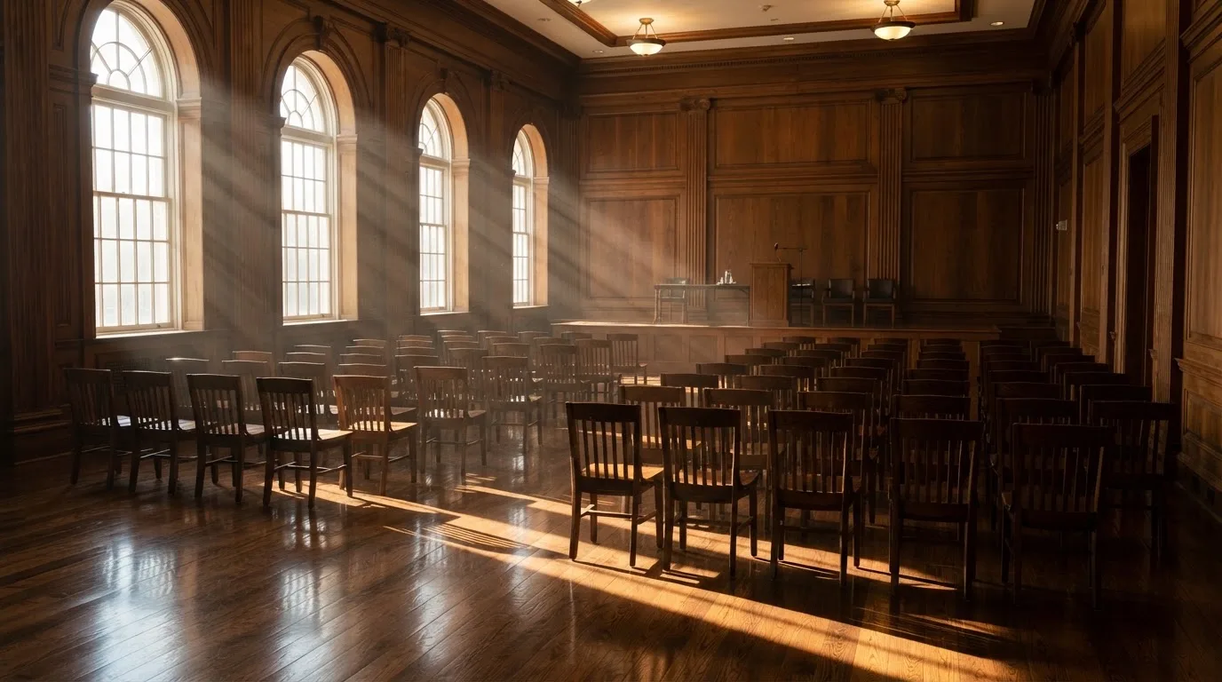 Sala de tribunal vazia com painéis de madeira, à luz da manhã — roleta americana em portugal