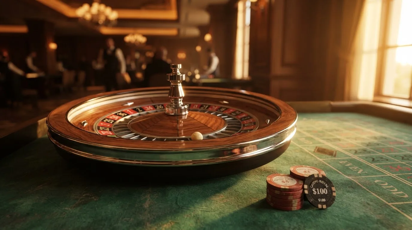 Roda de roleta e fichas sobre feltro verde, sob uma luz quente de fim de tarde — roleta casino em portugal