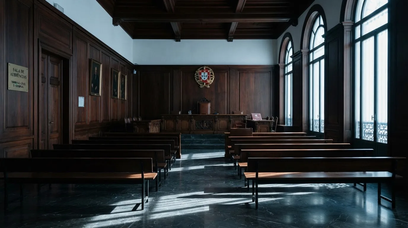 Sala de tribunal vazia com painéis de madeira, à luz da manhã — roleta demo para portugueses