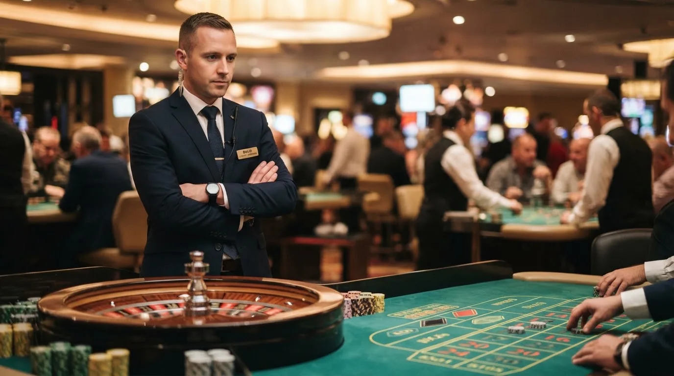 Fiscal de sala de casino de fato escuro a observar atentamente uma mesa de roleta, com jogadores desfocados ao fundo.