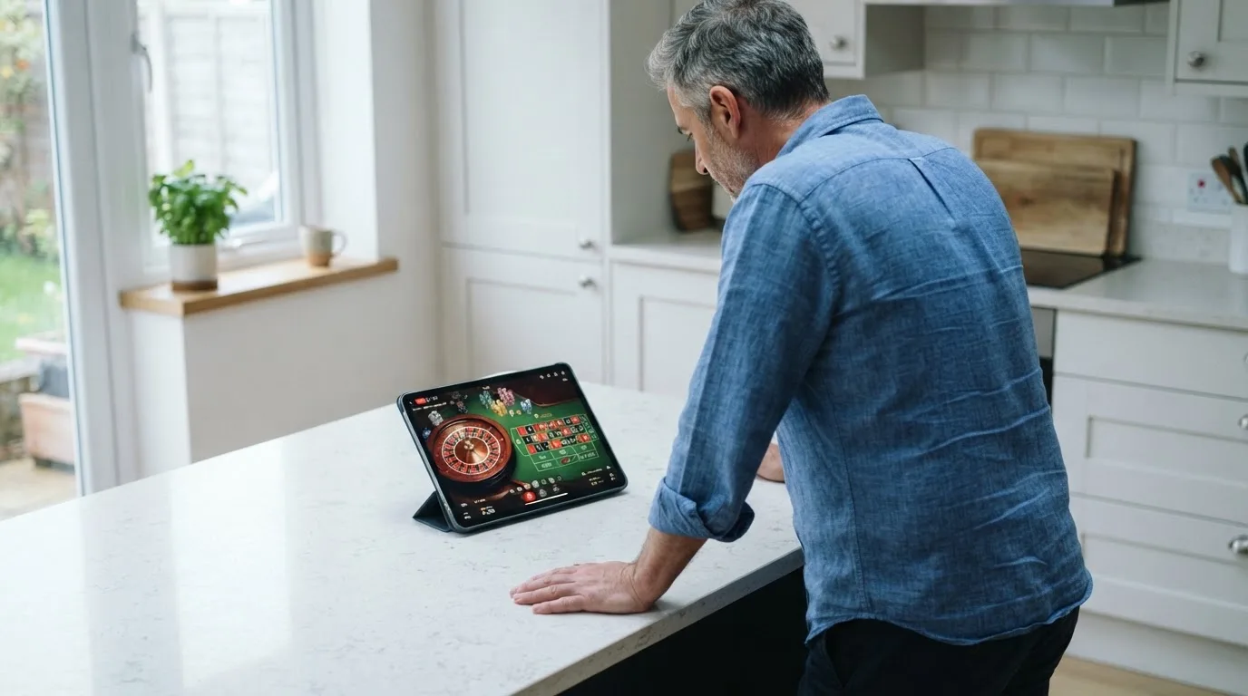 Jogador de meia-idade a ver uma transmissão de roleta num tablet, apoiado na bancada de uma cozinha moderna, com expressão atenta.