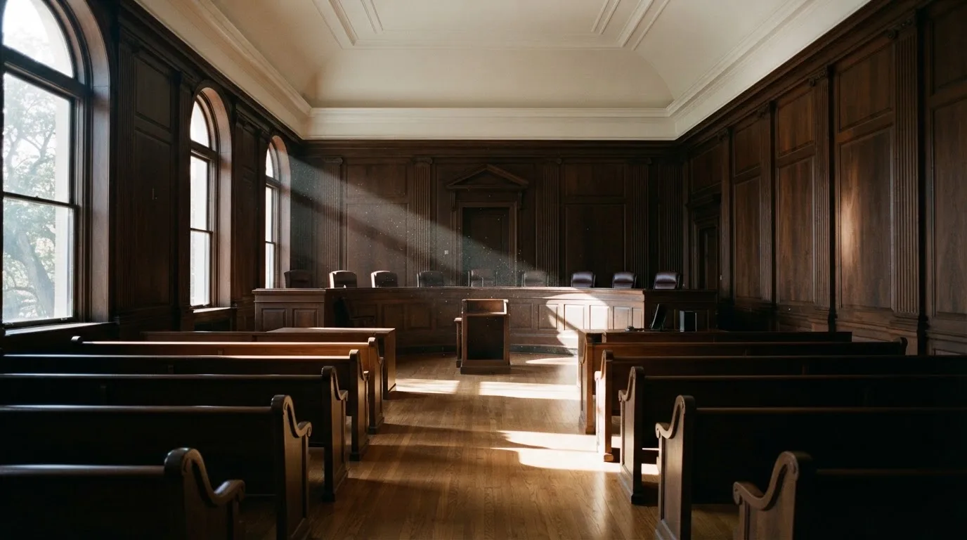 Sala de tribunal vazia com painéis de madeira, à luz da manhã — roleta francesa em portugal