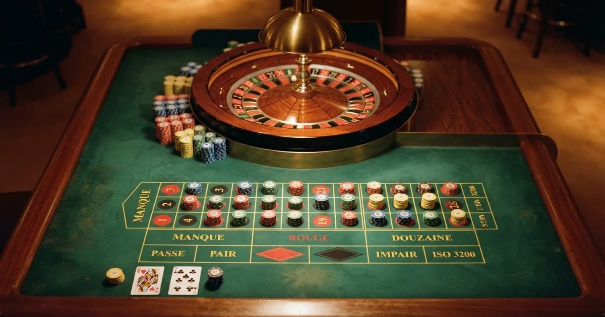 Mesa de jogo iluminada com cartas, vista de cima — roleta francesa em portugal