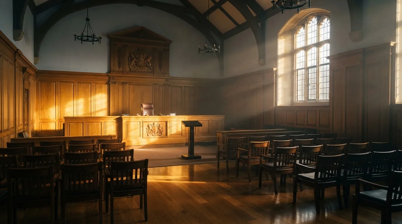 Sala de tribunal vazia com painéis de madeira, à luz da manhã — roleta grátis em portugal