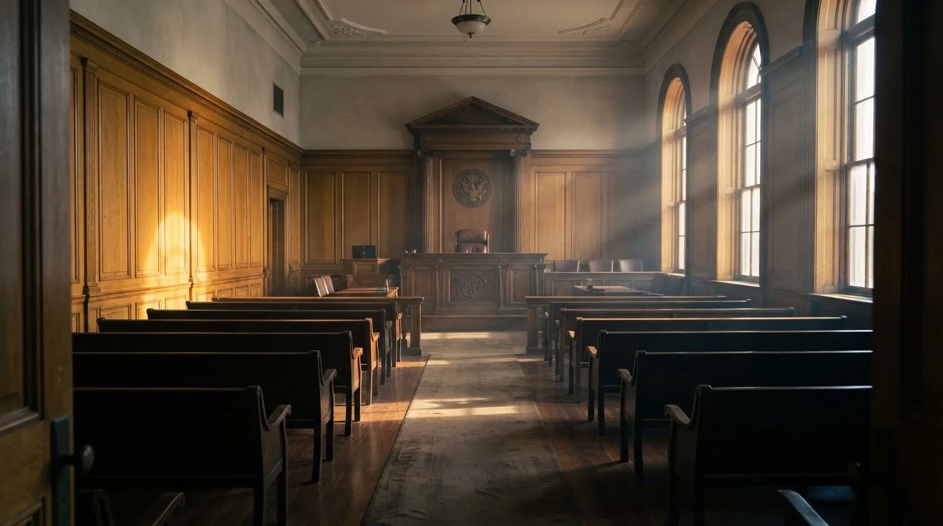 Sala de tribunal vazia com painéis de madeira, à luz da manhã — roleta online por dinheiro em portugal