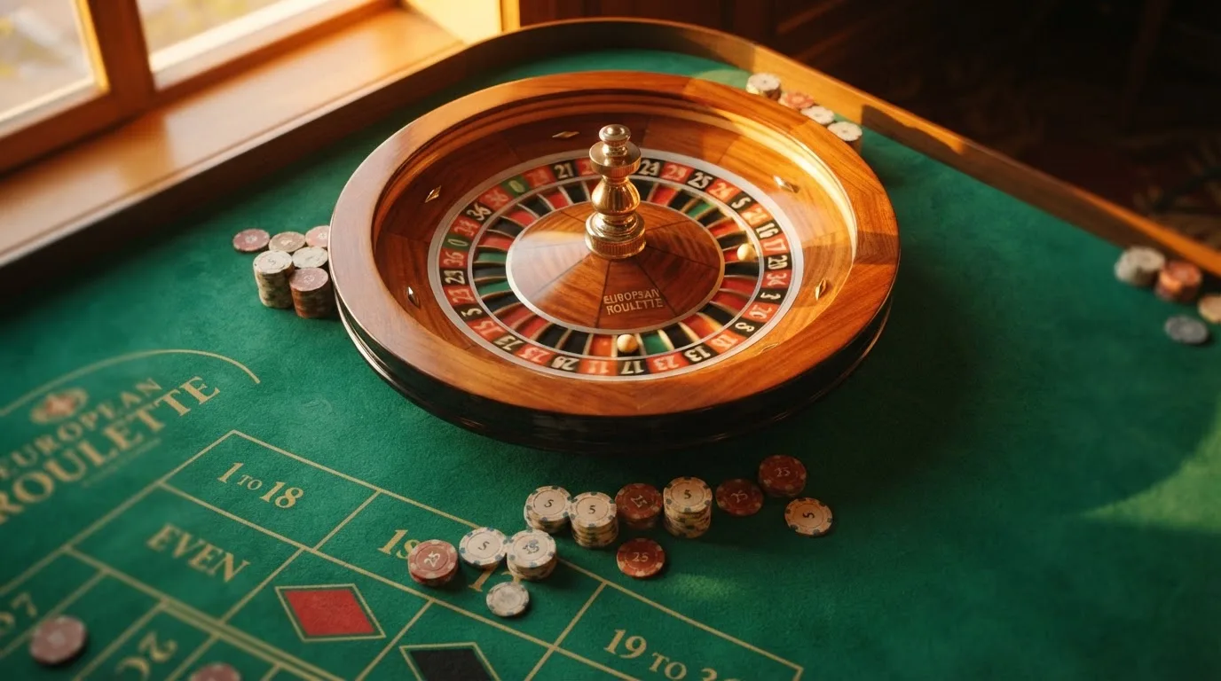 Roda de roleta e fichas sobre feltro verde, sob uma luz quente de fim de tarde — sites de casino para os portugueses