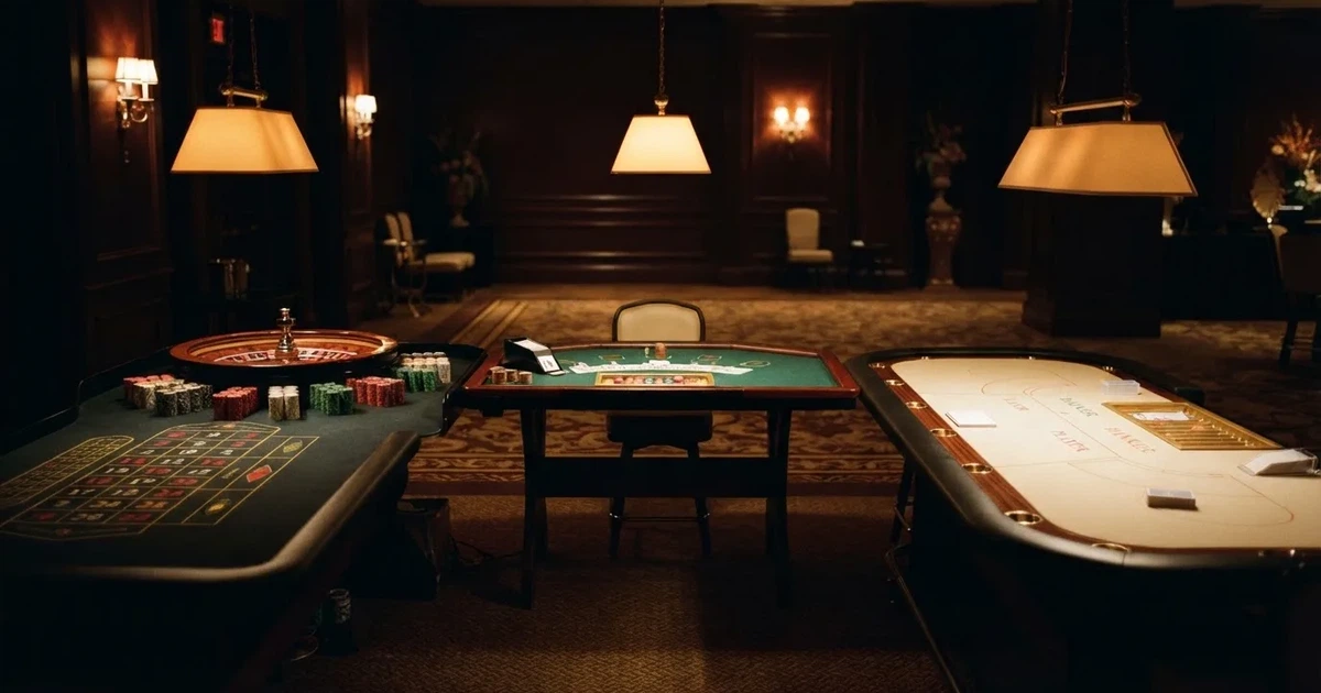 Três mesas de jogo diferentes lado a lado numa sala calma e calorosamente iluminada — sites de casino para os portugueses