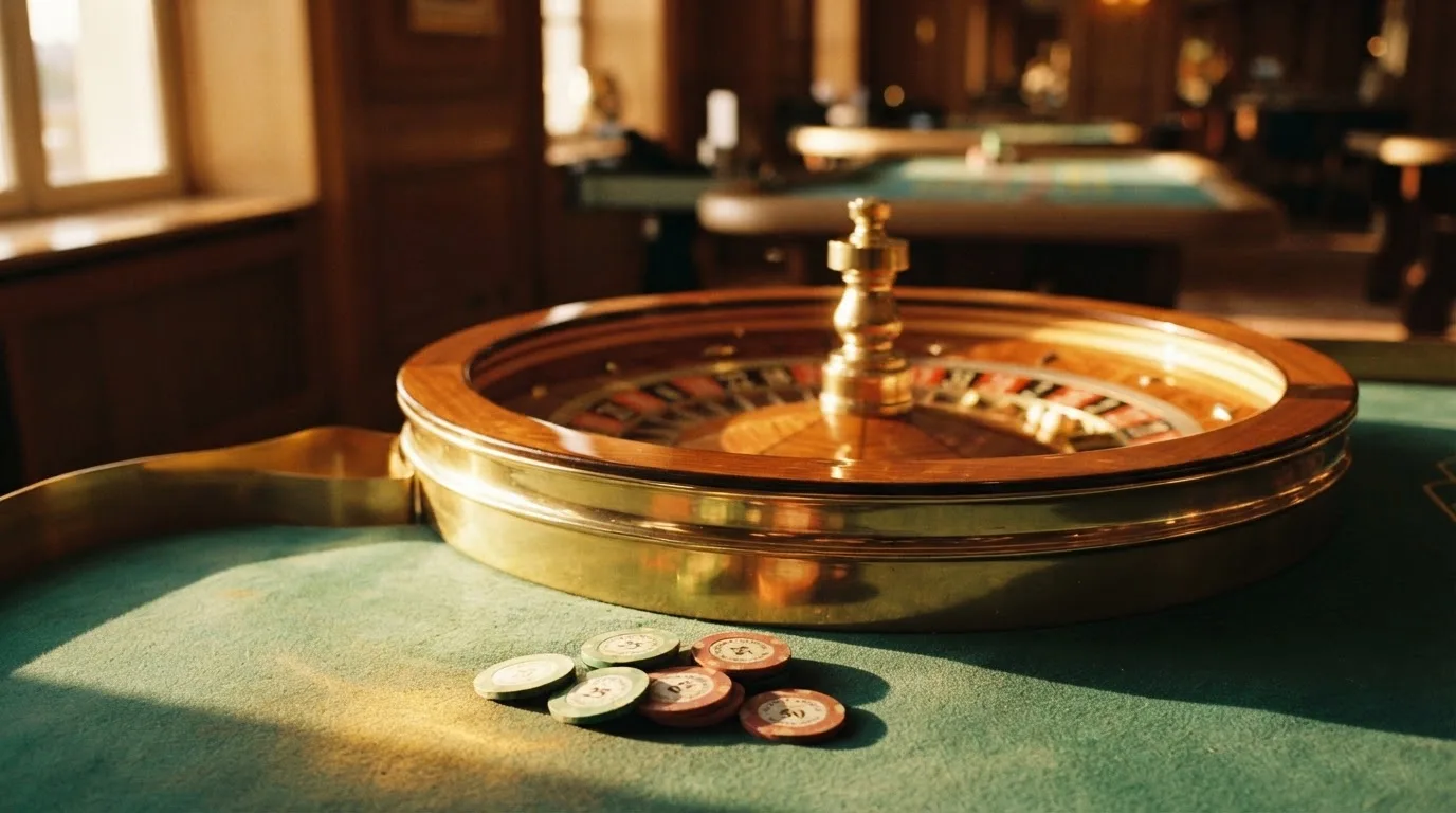 Roda de roleta e fichas sobre feltro verde, sob uma luz quente de fim de tarde — slot machines em portugal