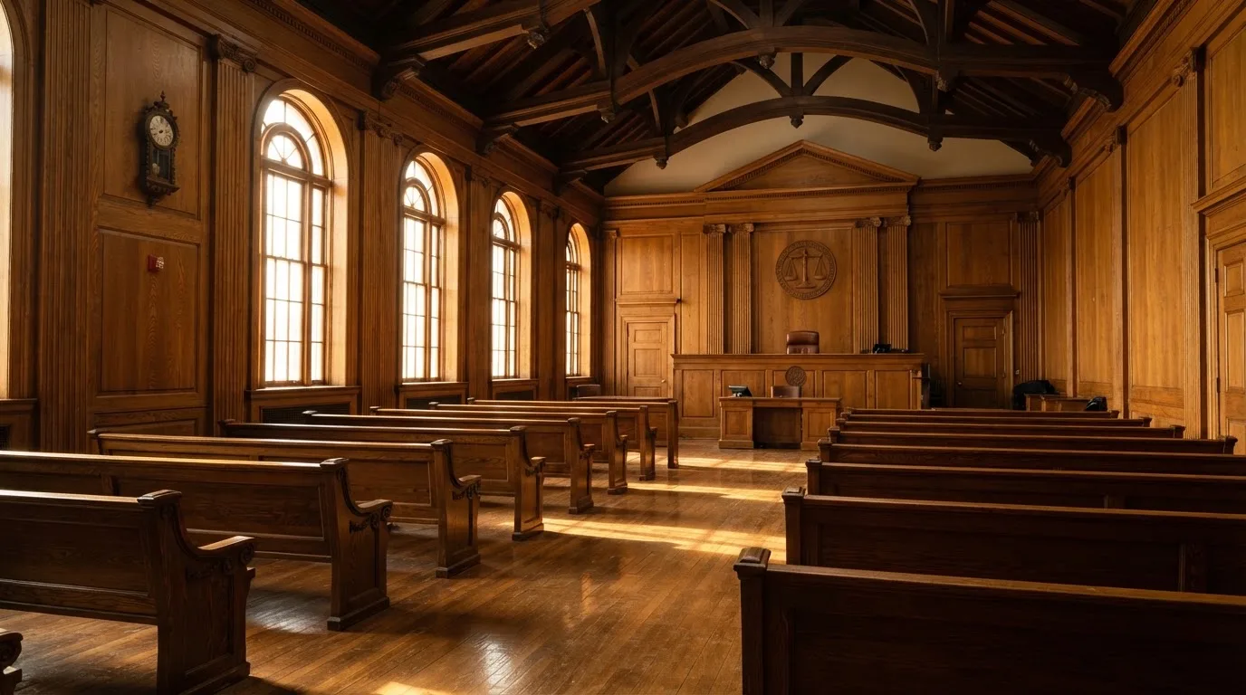 Sala de tribunal vazia com painéis de madeira, à luz da manhã — slots com bonus em portugal