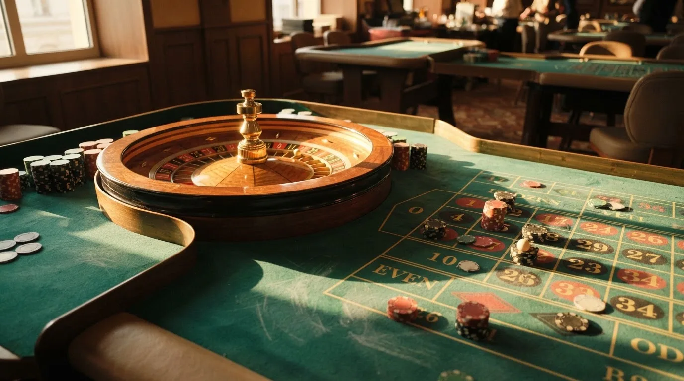 Roda de roleta e fichas sobre feltro verde, sob uma luz quente de fim de tarde — slots com bonus em portugal