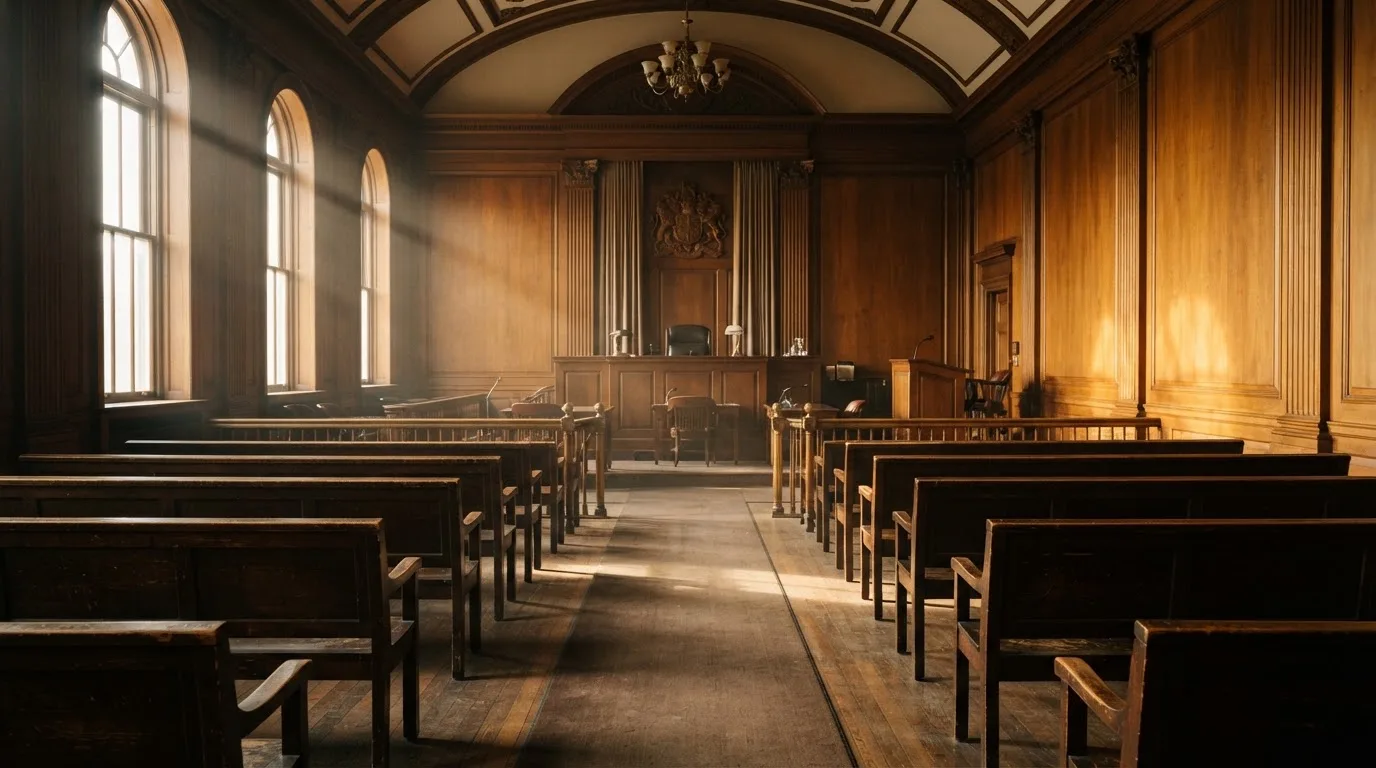 Sala de tribunal vazia com painéis de madeira, à luz da manhã — slots demo em portugal