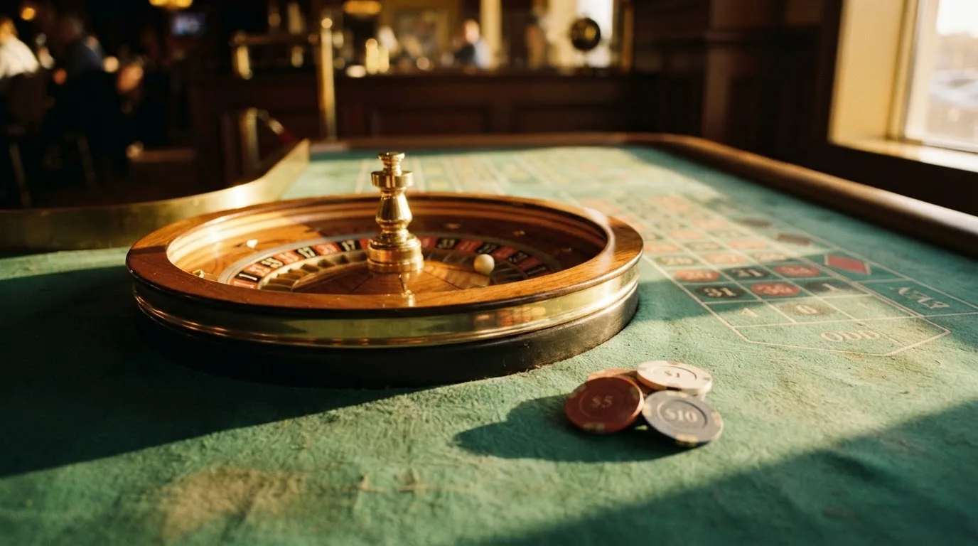 Roda de roleta e fichas sobre feltro verde, sob uma luz quente de fim de tarde — slots demo em portugal