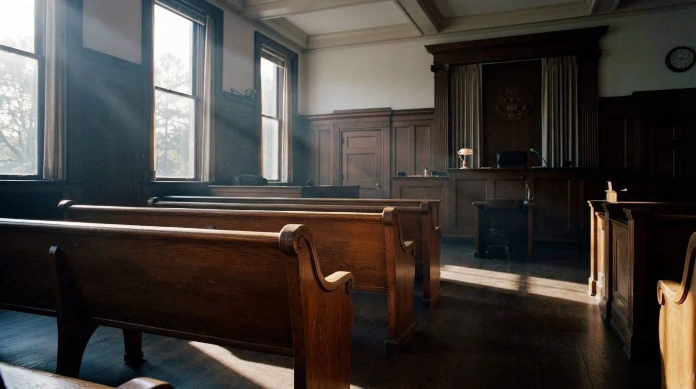 Sala de tribunal vazia com painéis de madeira, à luz da manhã — slots grátis em portugal