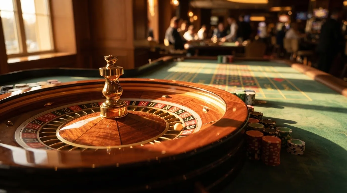 Roda de roleta e fichas sobre feltro verde, sob uma luz quente de fim de tarde — slots grátis em portugal