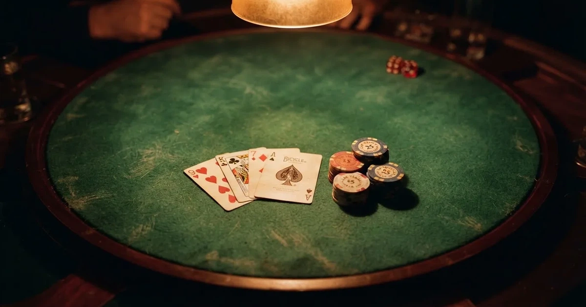 Mesa de jogo iluminada com cartas, vista de cima — slots grátis em portugal