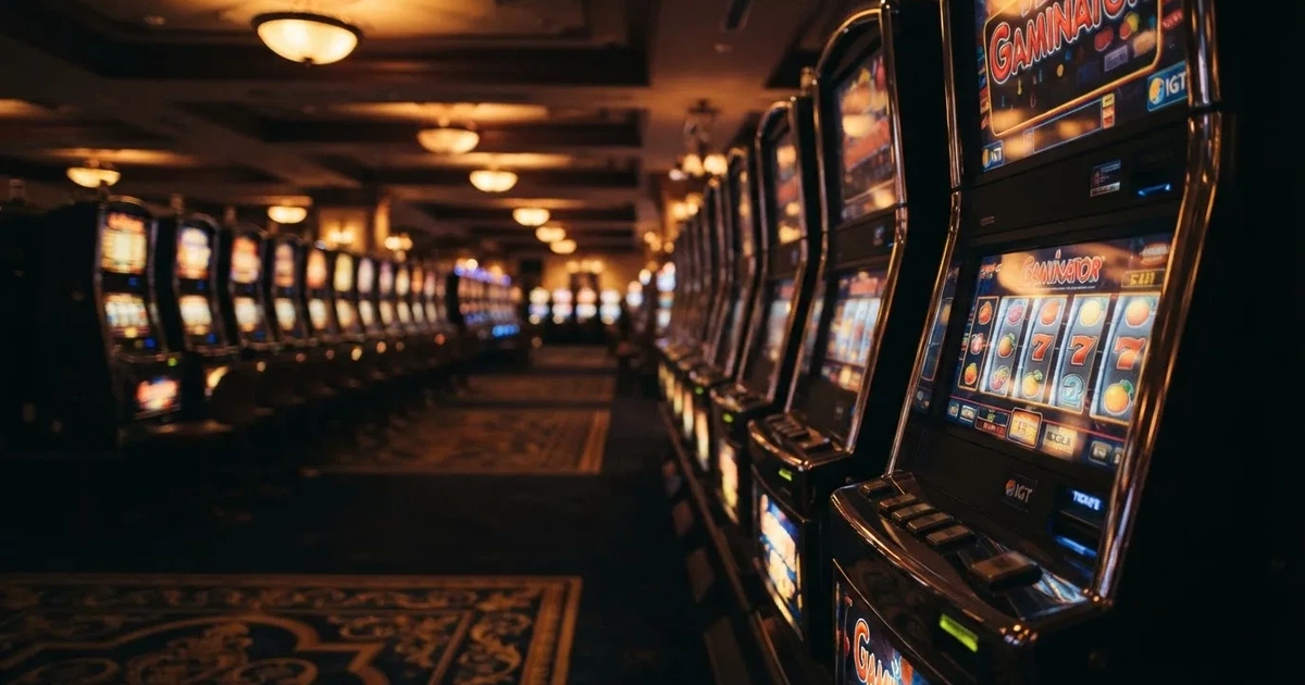 Fila de máquinas de slots num casino em Portugal vistas de lado, com rolos iluminados e carpete escura, sem pessoas, fotografia de interior.