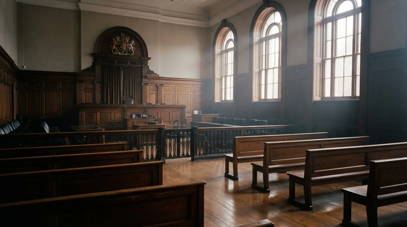 Sala de tribunal vazia com painéis de madeira, à luz da manhã — slots por dinheiro em portugal