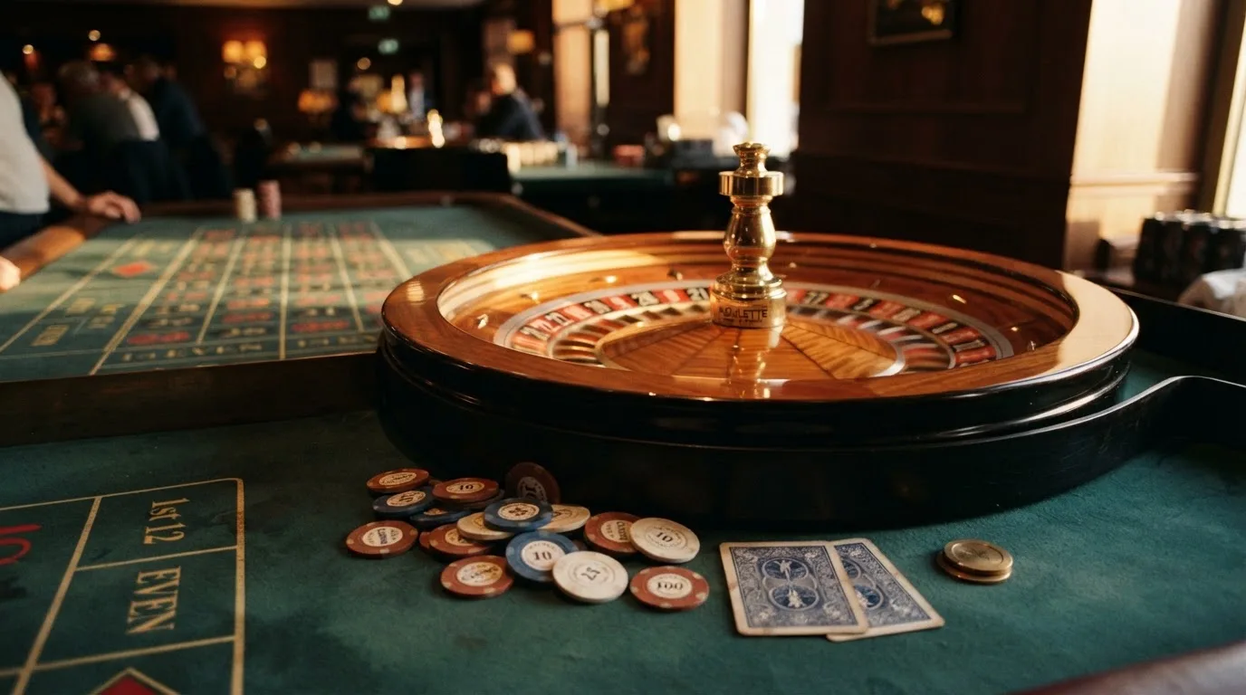 Roda de roleta e fichas sobre feltro verde, sob uma luz quente de fim de tarde — slots por dinheiro em portugal