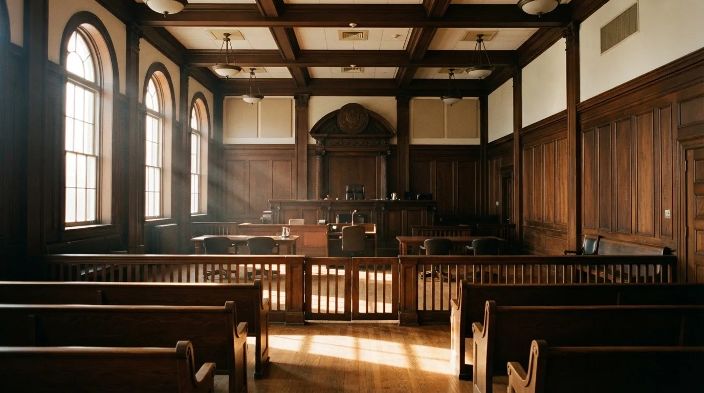 Sala de tribunal vazia com painéis de madeira, à luz da manhã — tabelas de blackjack em portugal