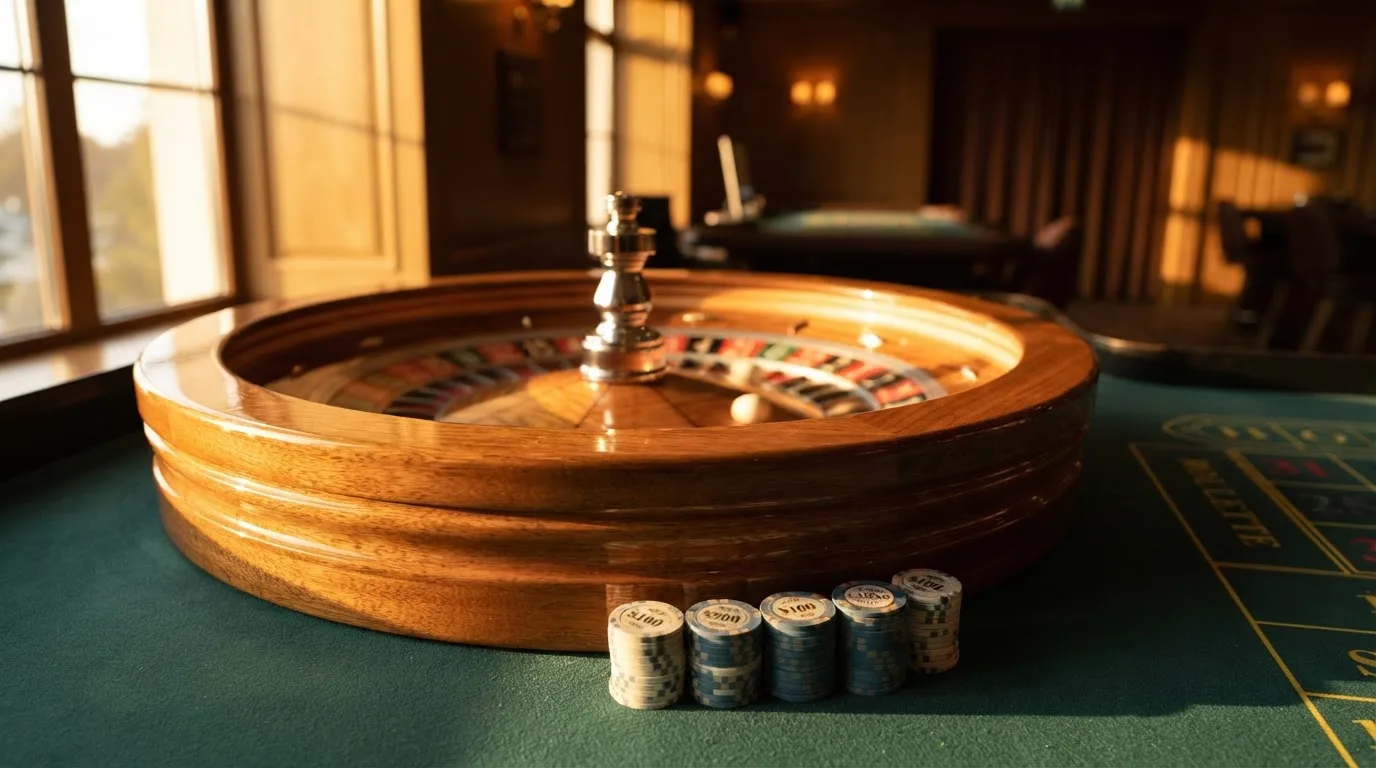 Roda de roleta e fichas sobre feltro verde, sob uma luz quente de fim de tarde — tabelas de blackjack em portugal