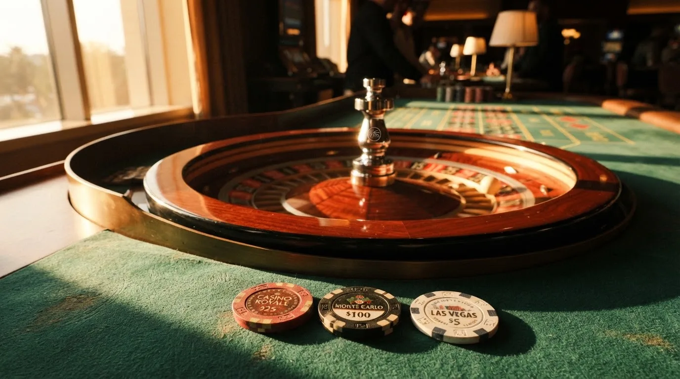 Roda de roleta e fichas sobre feltro verde, sob uma luz quente de fim de tarde — top casinos em portugal
