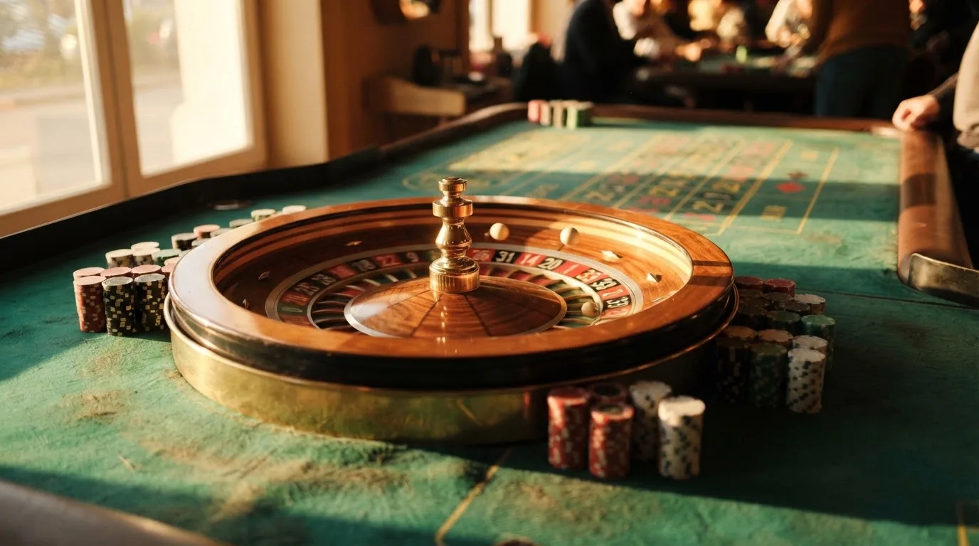 Roda de roleta e fichas sobre feltro verde, sob uma luz quente de fim de tarde — truques de casino em portugal