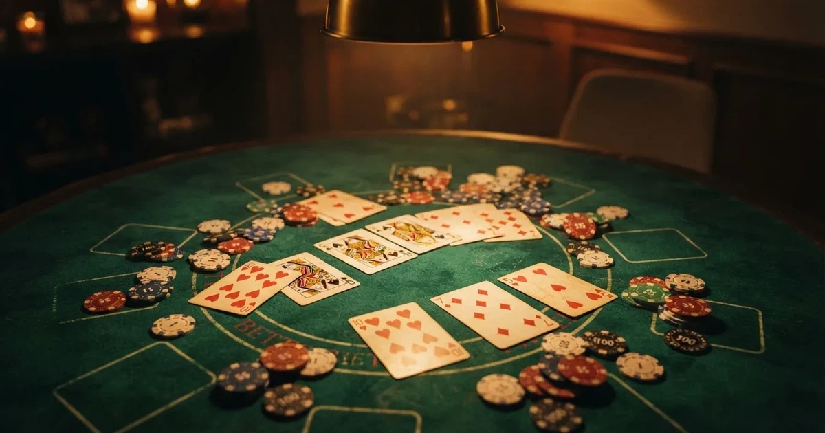 Mesa de jogo iluminada com cartas, vista de cima — truques de casino em portugal